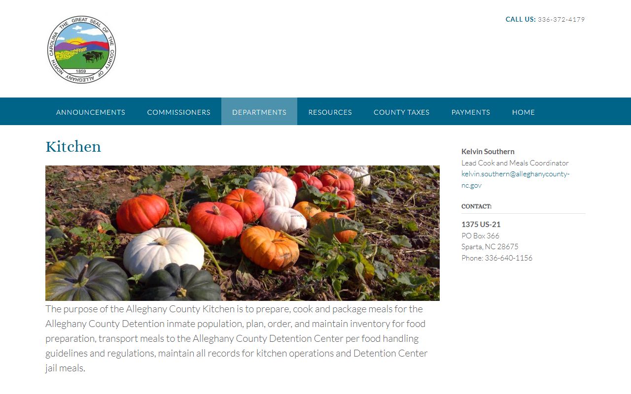 Alleghany County kitchen page for detention inmate meals at Alleghany County Jail