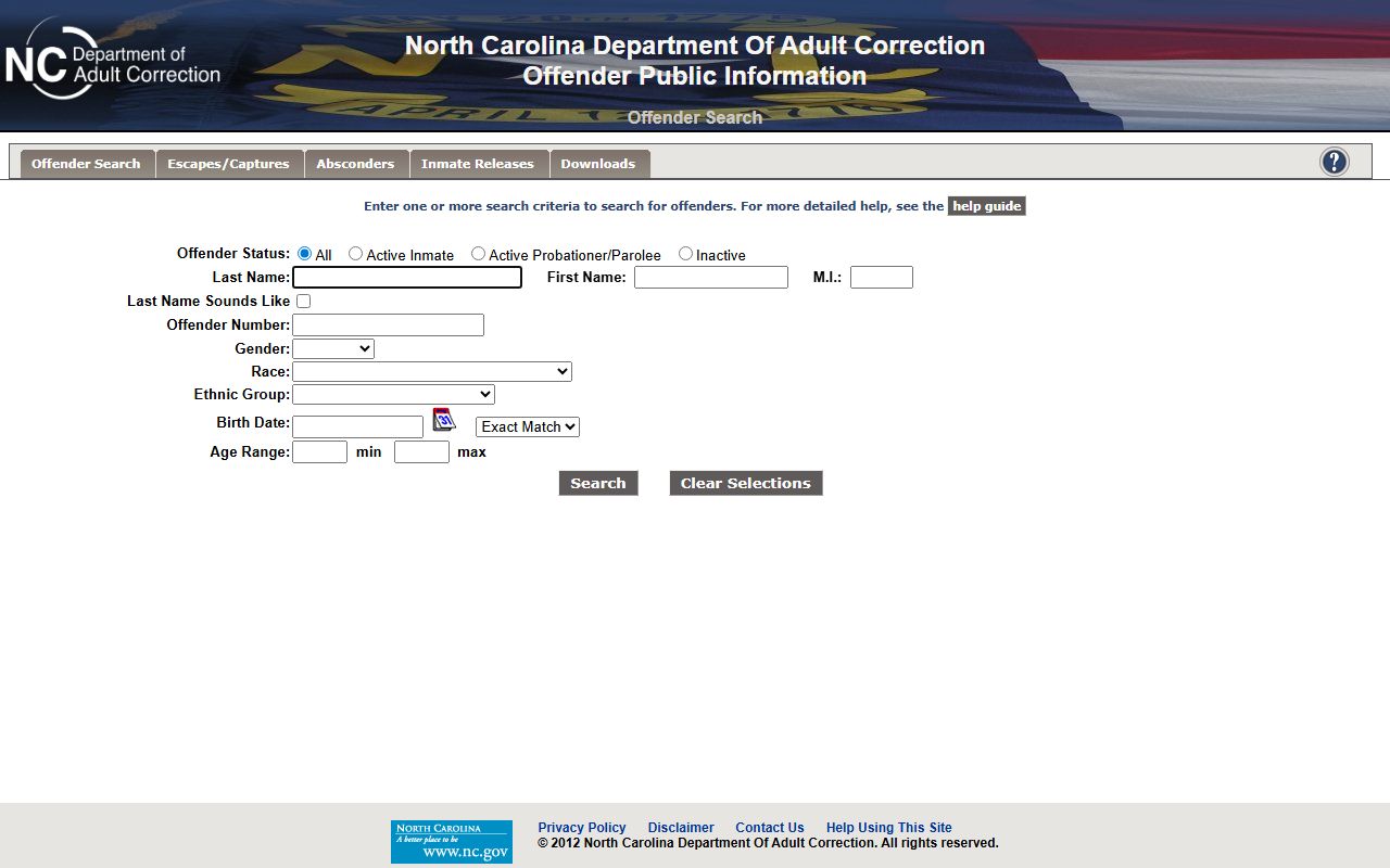 Alleghany County inmate records NCDAC offender locator fields